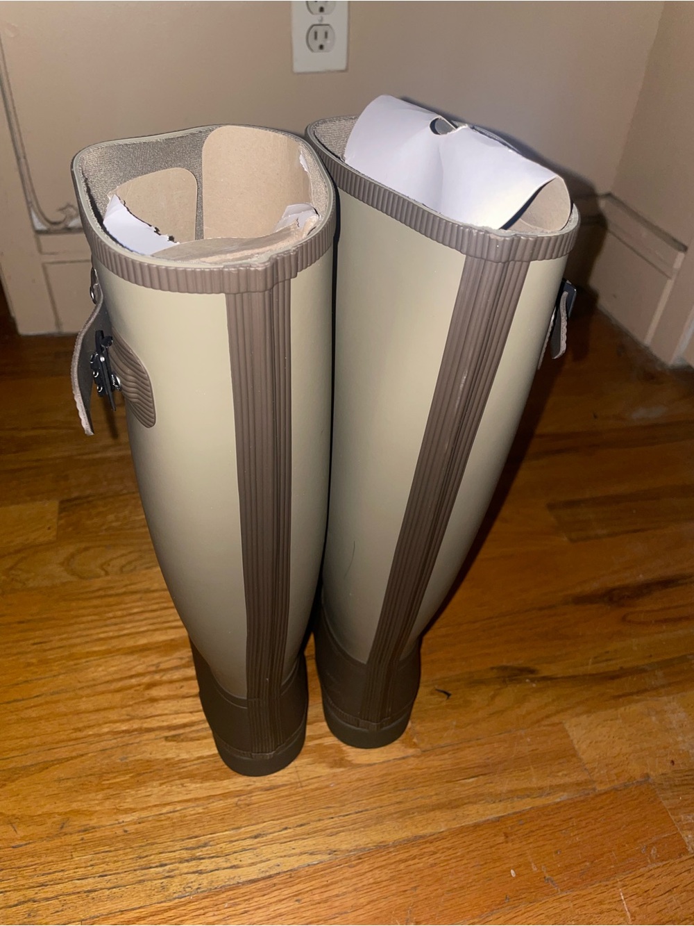 Hunter Tall Rain Boots in Olive and Dark Brown - Picture 2 of 5